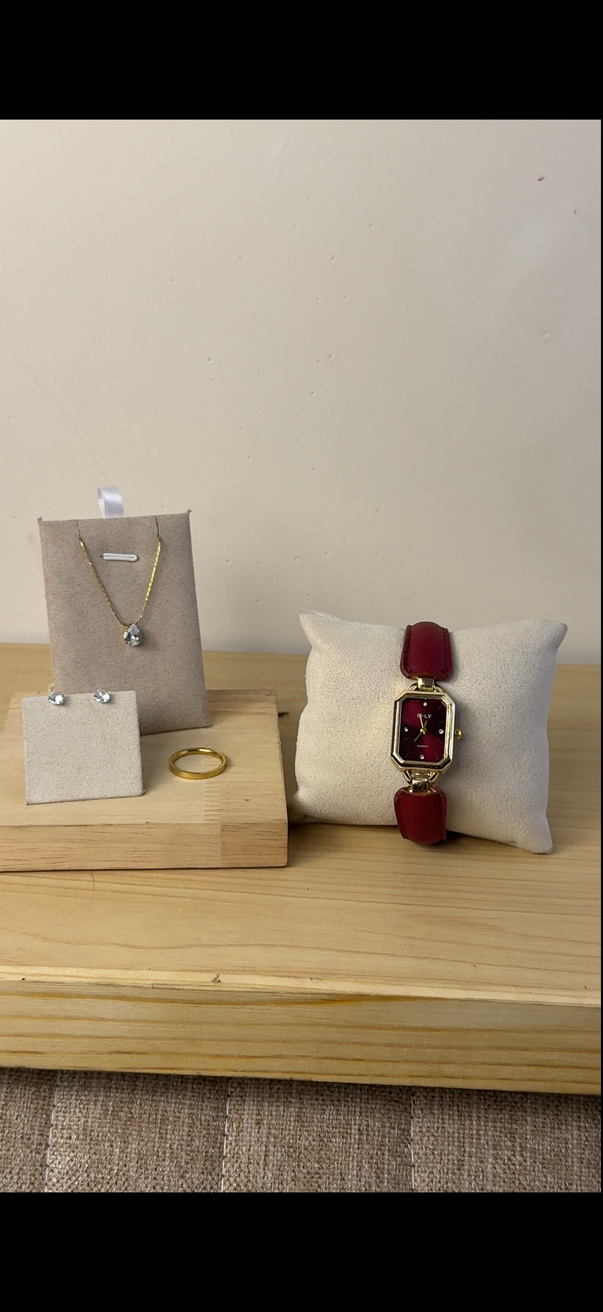 IeLy burgundy belt Watch + Necklace (Free) + Earing (Free) + Mystery Ring (Free)