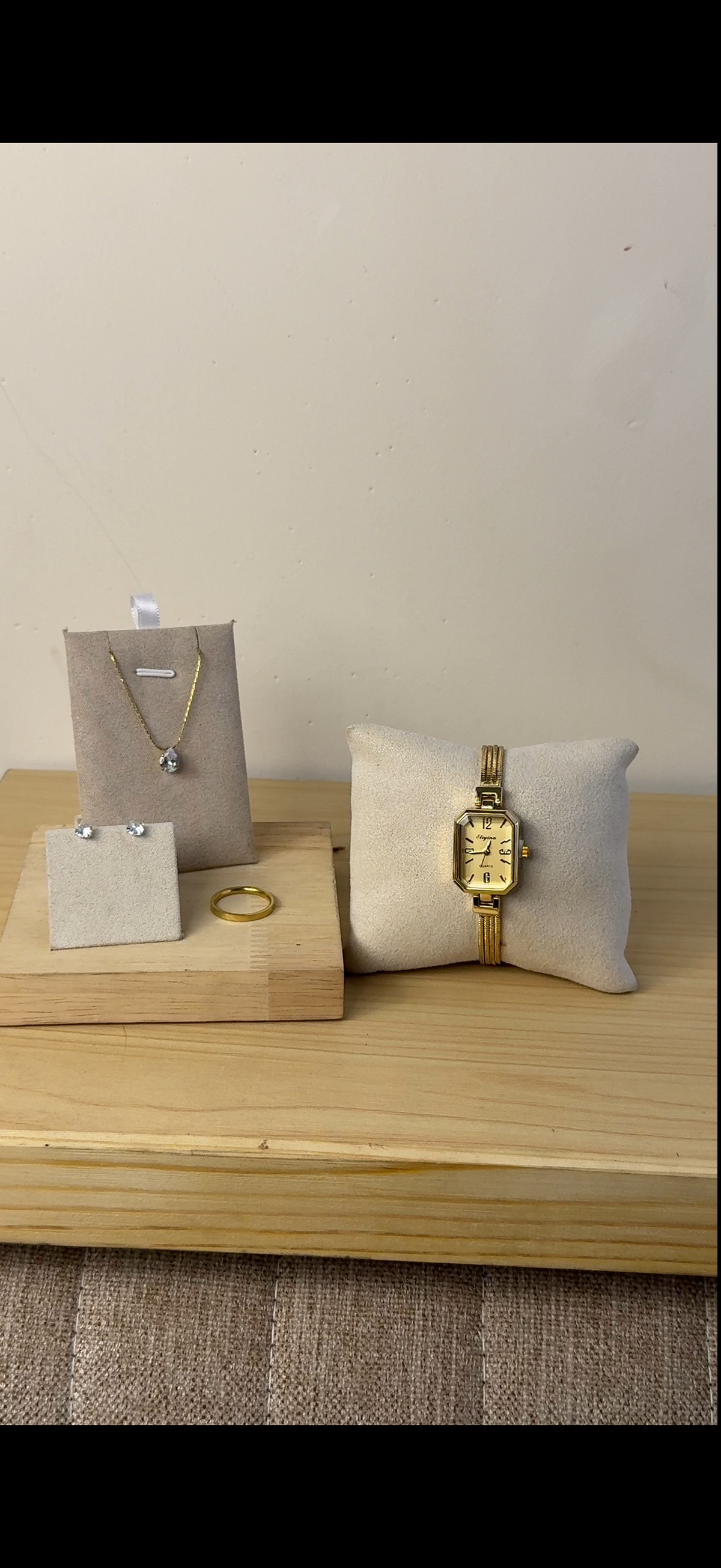 Eliyana golden Rectangular watch +   Necklace  + Earing + Mystery Ring (Free)