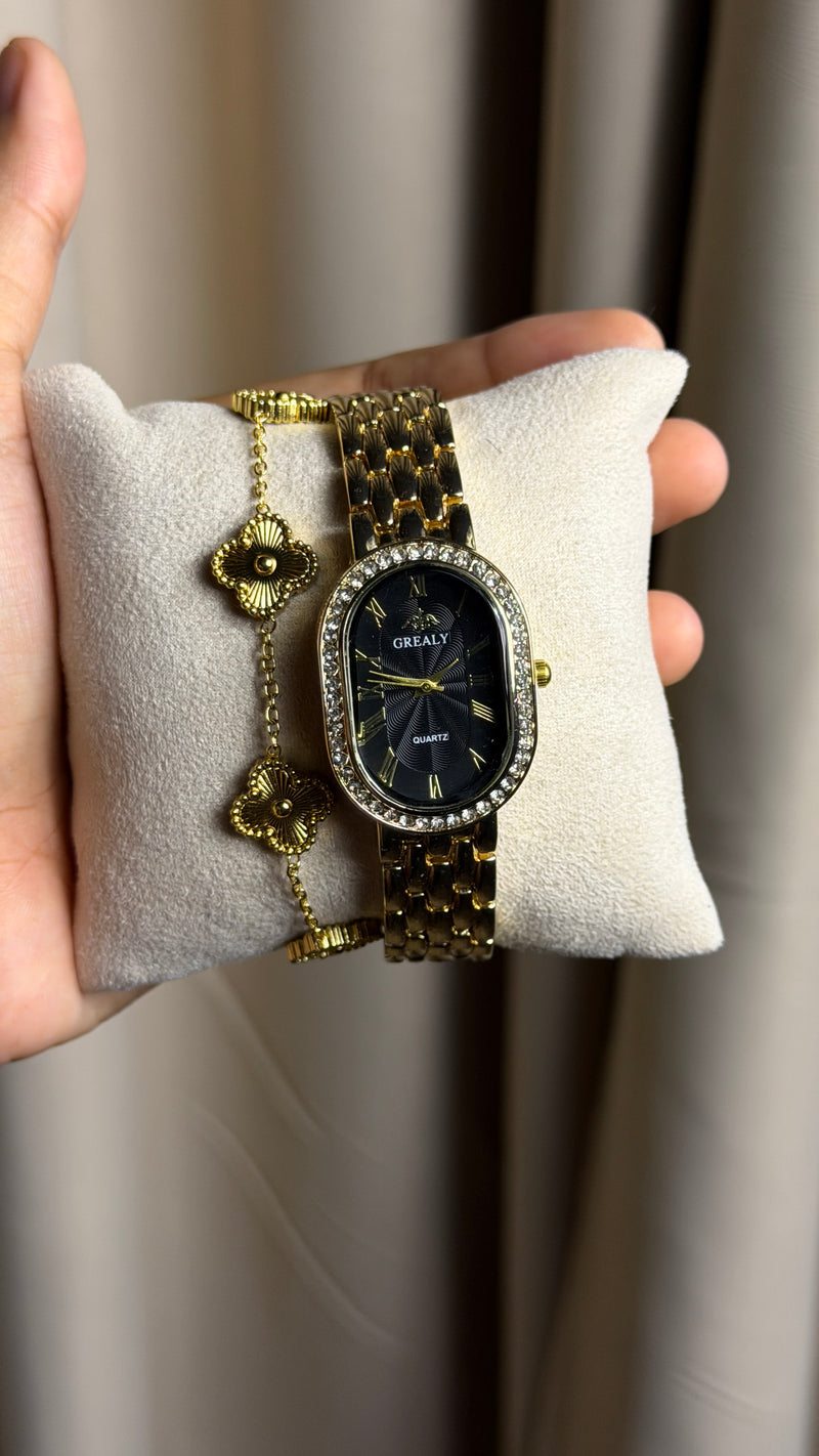 GREALY Black Golden + Clover Bracelet (Free)+ Mystery Ring(Free)