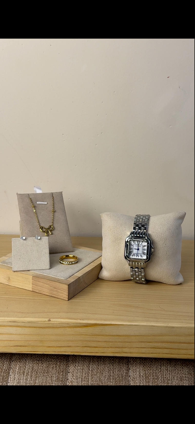 QUARTZ silver cartier + Watch + diamond cut necklace  + stud earring  + mystery  ring ( free)