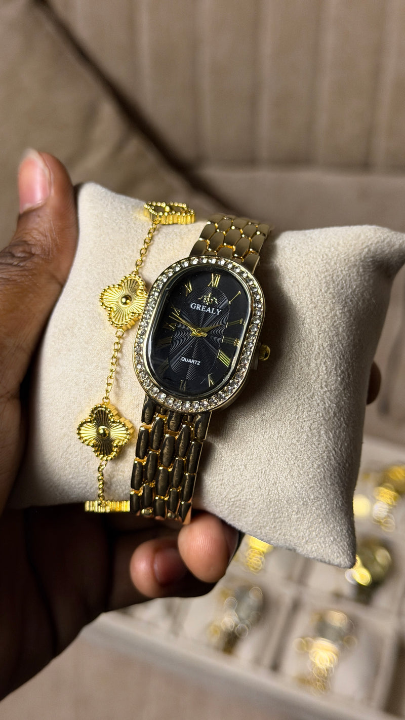 GREALY Black Golden + Clover Bracelet (Free)+ Mystery Ring(Free)