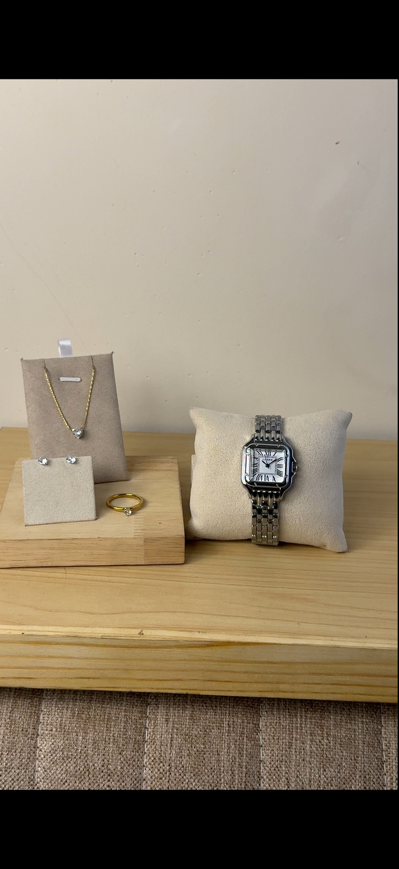 QUARTZ silver cartier + Watch + diamond cut necklace  + stud earring  + mystery  ring ( free)