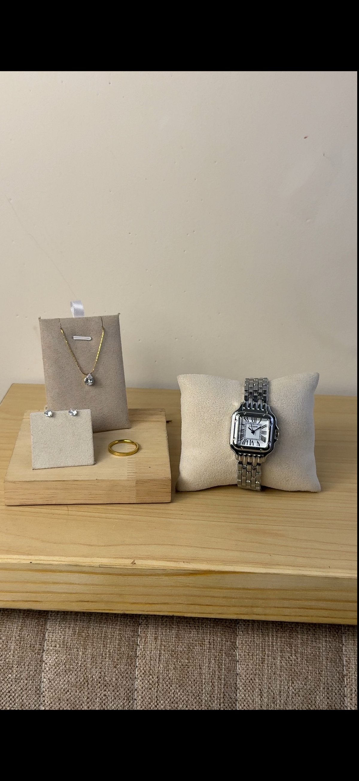 QUARTZ silver cartier + Watch + diamond cut necklace  + stud earring  + mystery  ring ( free)