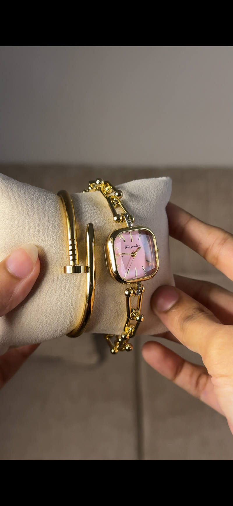 Eliyina Sqaure Full Dial Baby Pink + Clover Bracelet (Free) + Mystery Ring (Free)