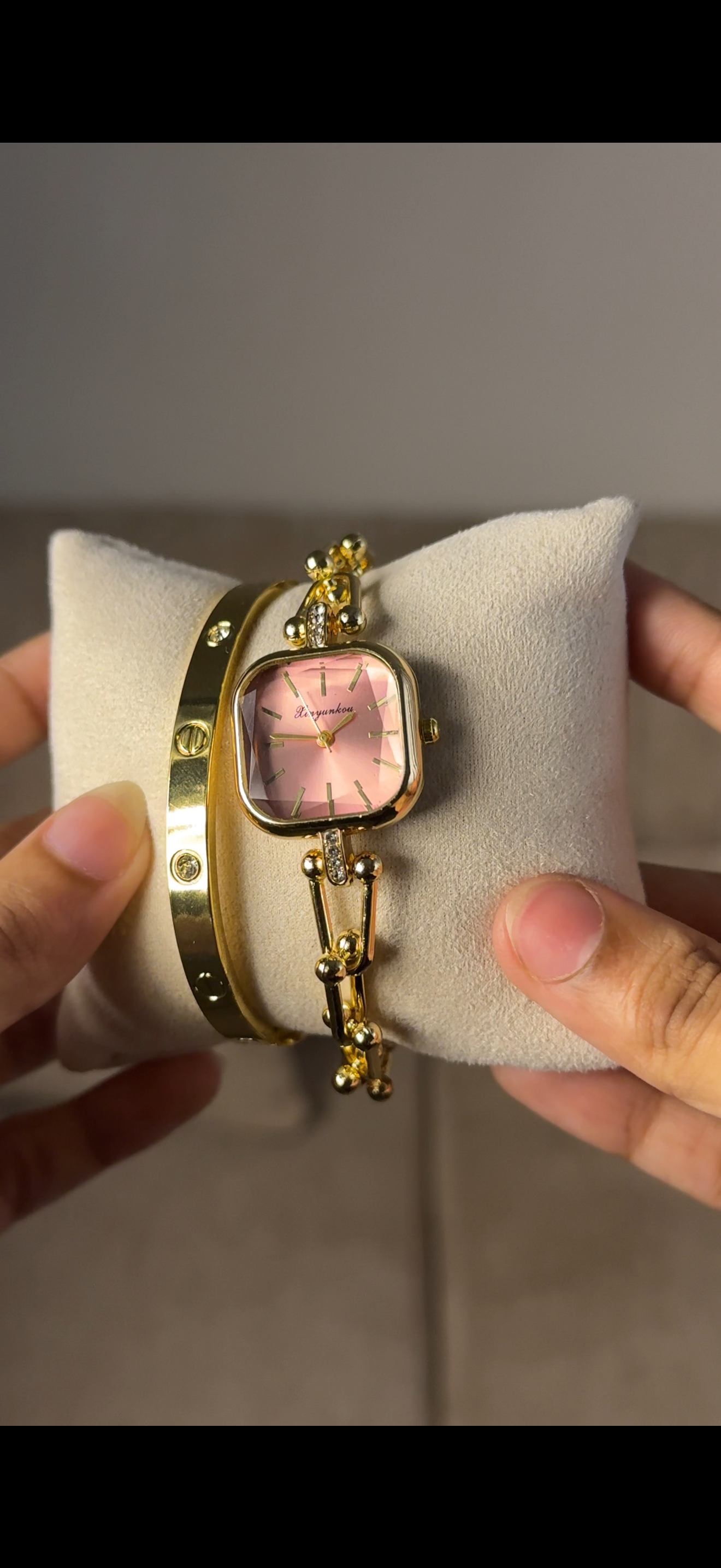 Eliyina Sqaure Full Dial Baby Pink + Clover Bracelet (Free) + Mystery Ring (Free)