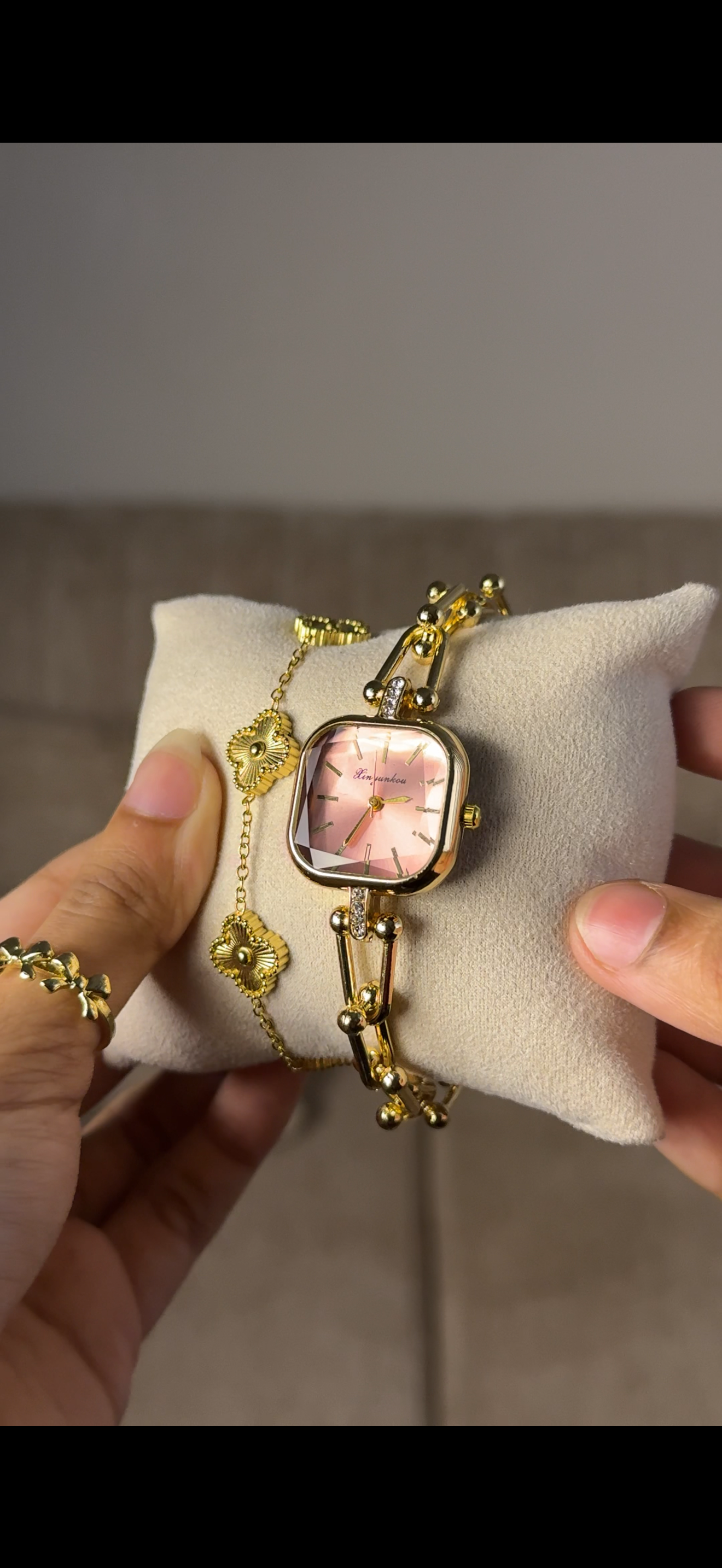 Eliyina Sqaure Full Dial Baby Pink + Clover Bracelet (Free) + Mystery Ring (Free)